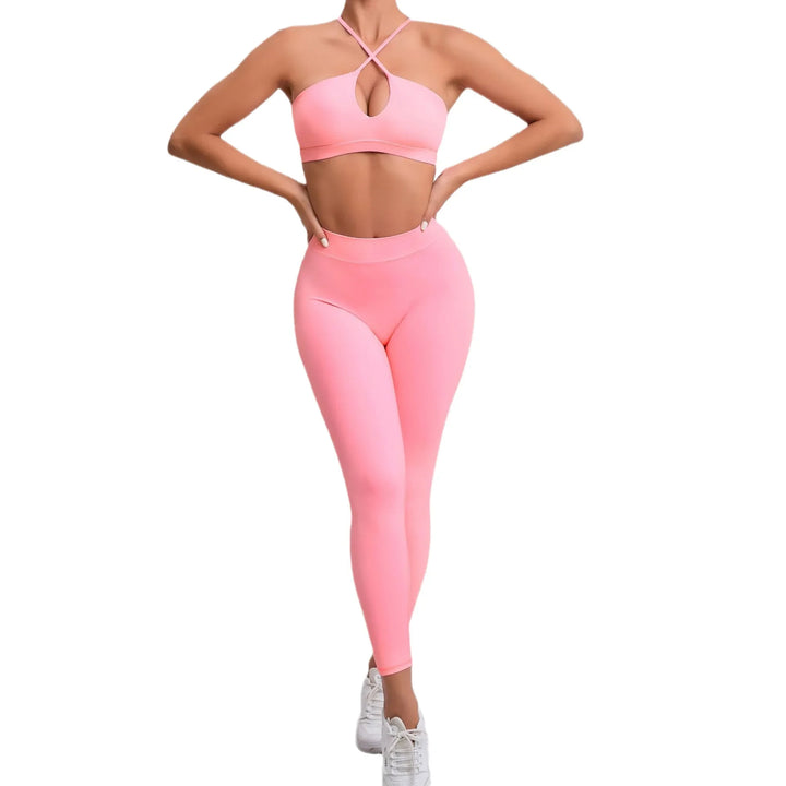 Adoring - Set: Criss Cross Strap Plain Sports Bra + Yoga Pants