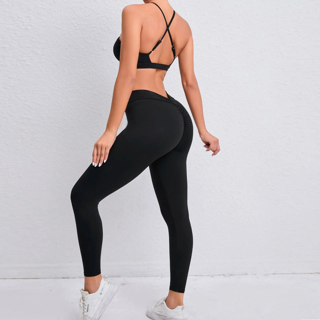 Adoring - Set: Criss Cross Strap Plain Sports Bra + Yoga Pants