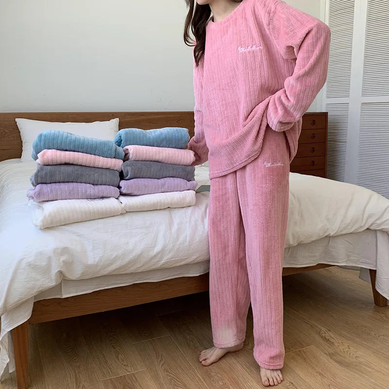 Winter Women Plain Pajama Sets Thickened Sleepwear Set