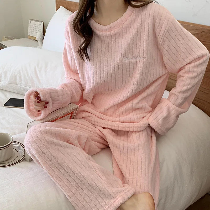 Winter Women Plain Pajama Sets Thickened Sleepwear Set