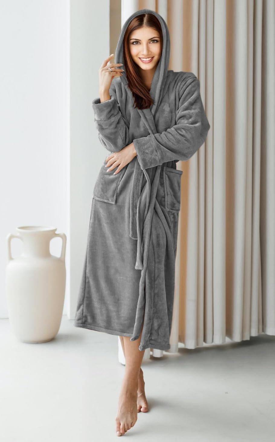 Women'S Fleece Hooded Bathrobe Plush Long Spa Robe