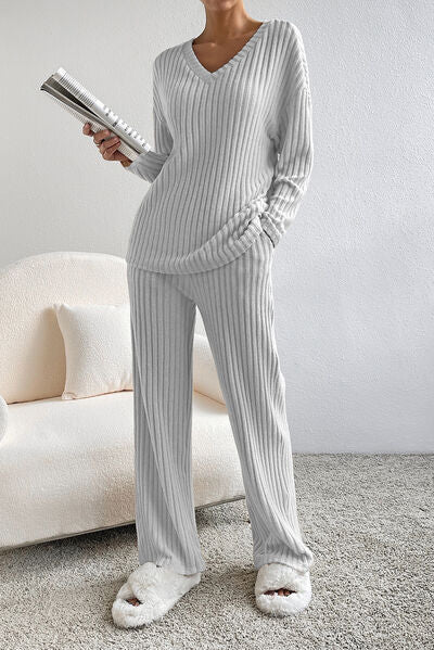 Ribbed V-Neck Top and Pants Lounge Set