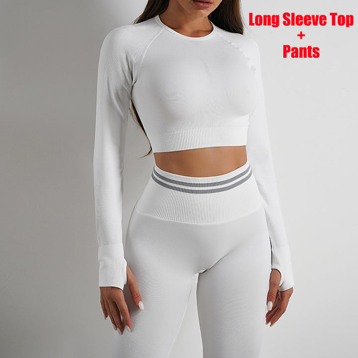 Long-Sleeved Yoga Top Slim Fitted Trousers Fitness Top Knitting Yoga Clothin