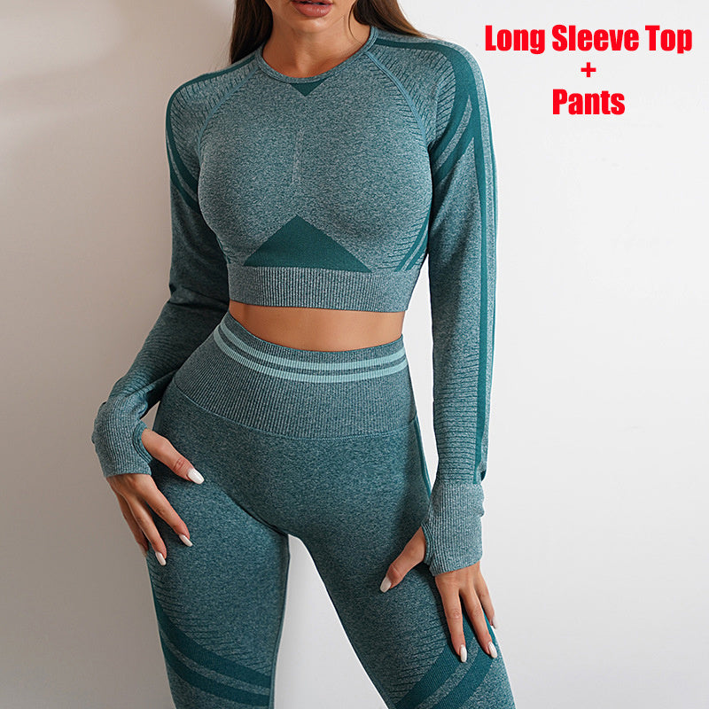 Long-Sleeved Yoga Top Slim Fitted Trousers Fitness Top Knitting Yoga Clothin